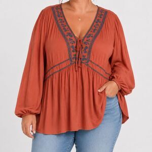 Torrid Boho Embroidered Peasant Top Plus Size 5 Rust Orange Festival Blouse